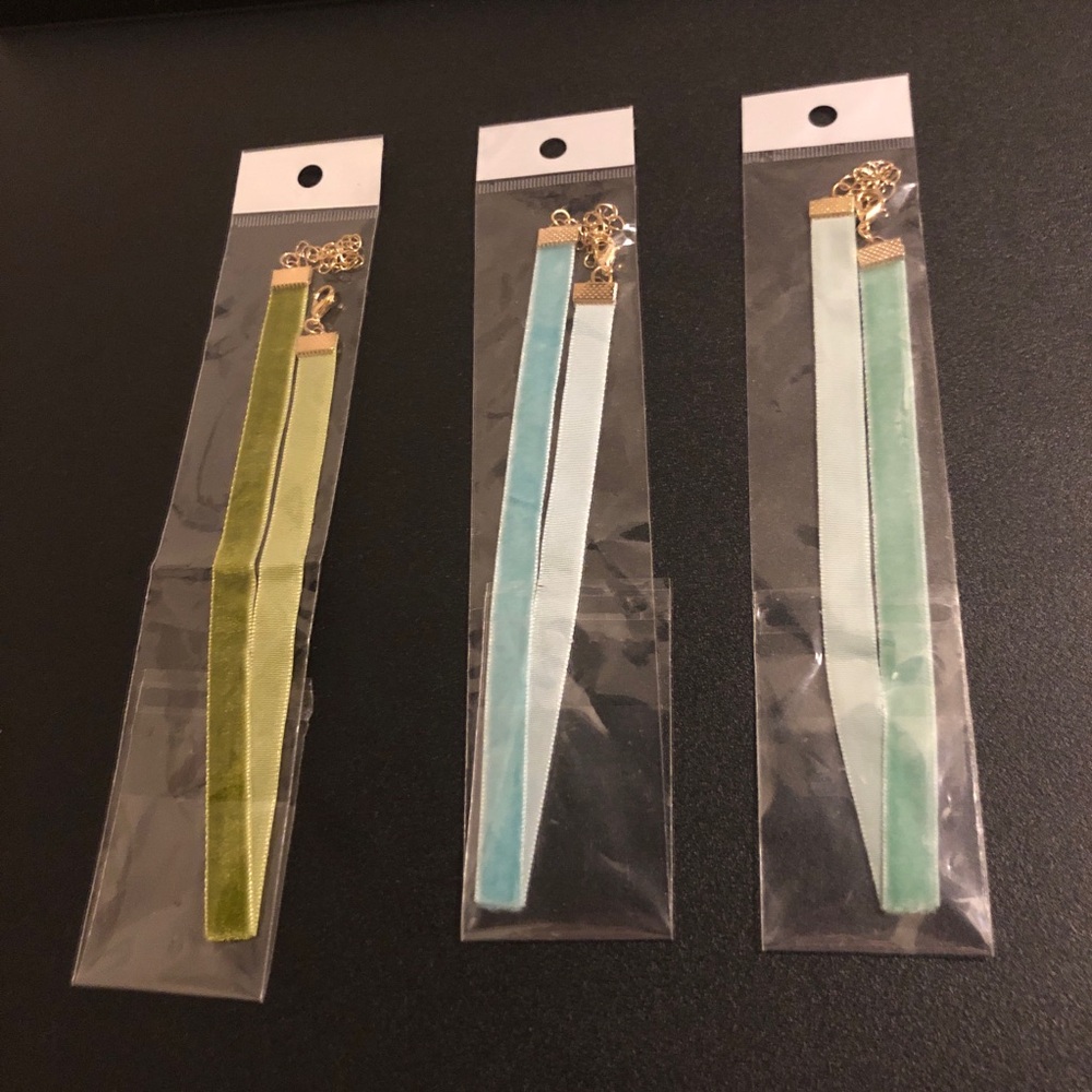 Velvet Ribbon Choker Trio in Green and Aqua Tones